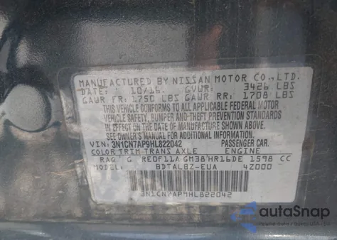 2017 Nissan Versa 1.6 Sv из США, поврежденный, VIN 3N1CN7AP9HL822042